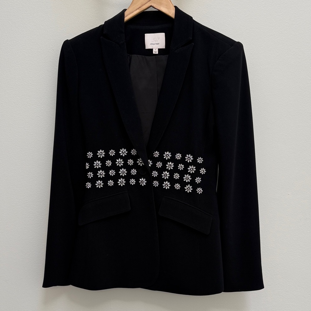 Cinq a Sept Black Blazer with Crystal Floral Accents